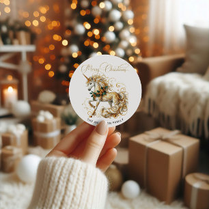 Elegante witte en gouden kerst-unicorn ronde sticker