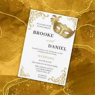 Elegante witte en gouden lijst masquerade bruiloft kaart