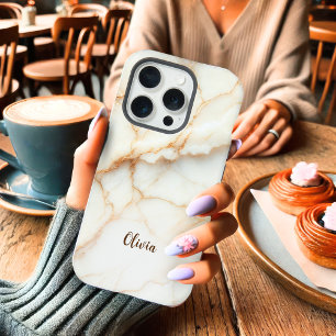 Elegante witte en gouden marmeren gepersonaliseerd iPhone 15 pro case