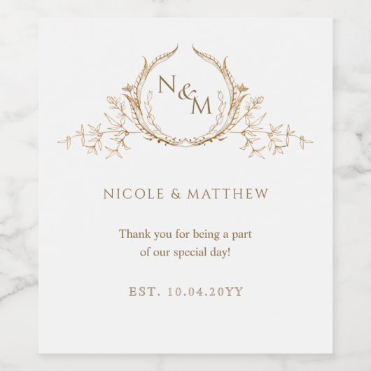 Elegante witte en gouden monogram bruiloft wijn etiket (Enkel label)