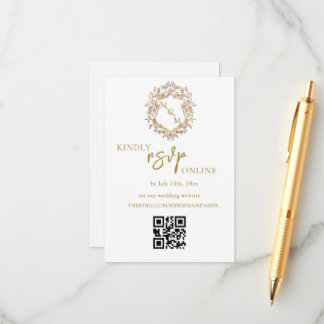 Elegante witte en gouden monogram QR-code RSVP Informatiekaartje