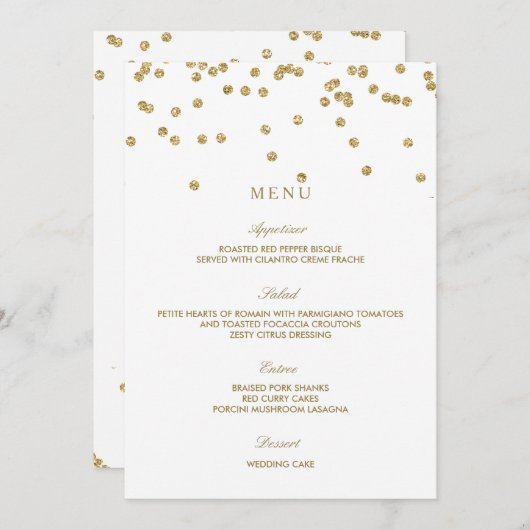 Elegante Witte en Gouden Polka Dots Trouwmenu Menu (Voorkant / Achterkant)
