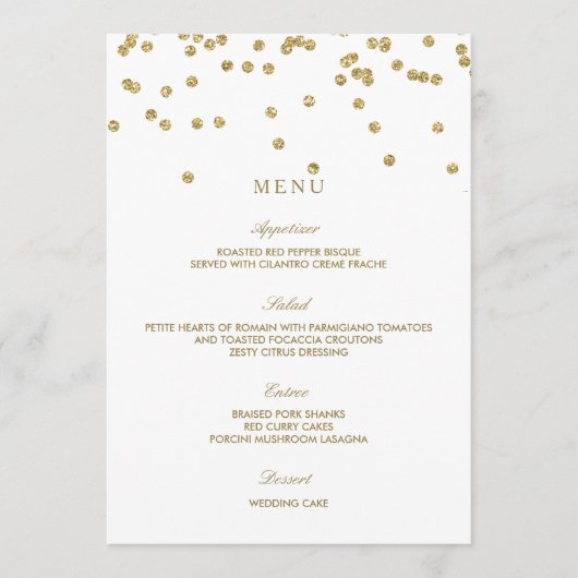 Elegante Witte en Gouden Polka Dots Trouwmenu Menu (Voorkant)
