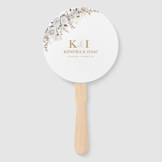 Elegante witte en gouden Rozen  Crest bruiloft Handwaaier (Voorkant)