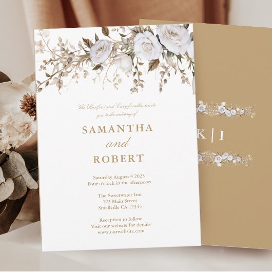 Elegante witte en gouden Rozen  Crest bruiloft Kaart