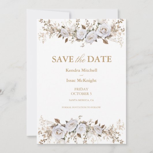 Elegante witte en gouden Rozen  Crest bruiloft Save The Date (Voorkant)
