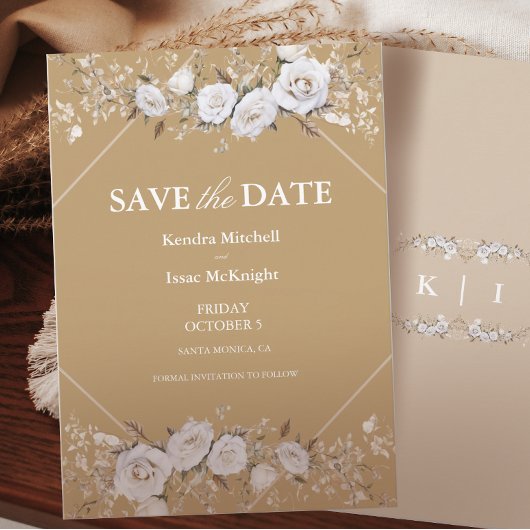 Elegante witte en gouden Rozen  Crest bruiloft Save The Date