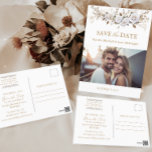 Elegante witte en gouden Rozen Vintage bruiloft fo Briefkaart<br><div class="desc">Perfect voor elegante witte en gouden bruiloften en feesten met een  of Victoriaans sfeer. Waterverf bloemen maken deze perfect voor het voorjaar,  de zomer of de herfst! Voer eenvoudig uw eigen persoonlijke gegevens en foto in met behulp van de aanpassingsfunctie. Vind bijpassende bruiloft briefpapier en accessoires in mijn winkel.</div>
