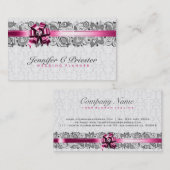 Elegante witte en grijze bloemdamast & kant visitekaartje (Voorkant / Achterkant)
