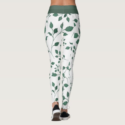 Elegante Witte en Groene Bladpatroondruk Leggings (Achterkant)