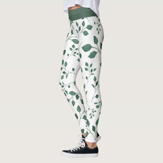 Elegante Witte en Groene Bladpatroondruk Leggings (Links)