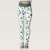 Elegante Witte en Groene Bladpatroondruk Leggings (Voorkant)