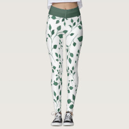 Elegante Witte en Groene Bladpatroondruk Leggings