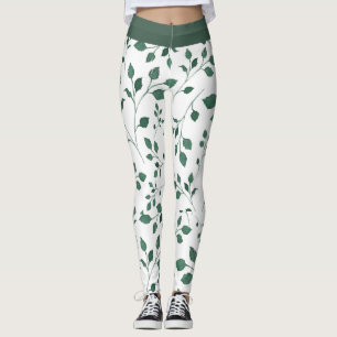 Elegante Witte en Groene Bladpatroondruk Leggings