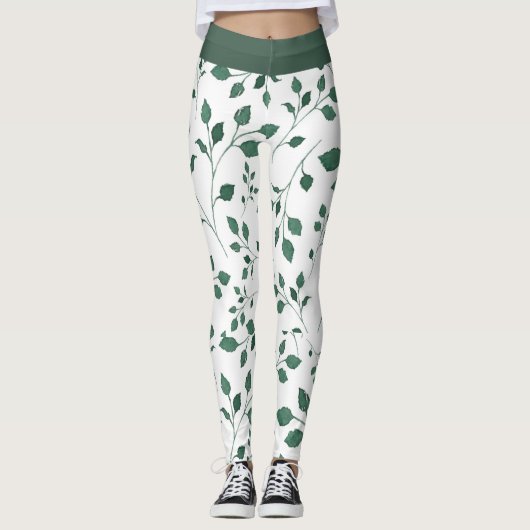 Elegante Witte en Groene Bladpatroondruk Leggings (Voorkant)