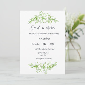 Elegante Witte en Groene Bloemen Huwelijksuitnodig Kaart
