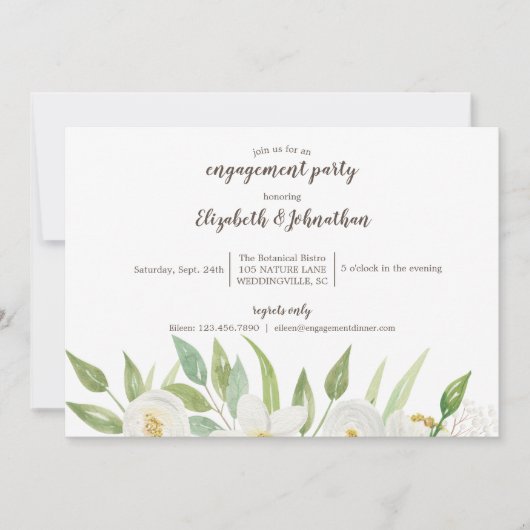 Elegante witte en groene bloemige waterverf-verlov kaart (Voorkant)