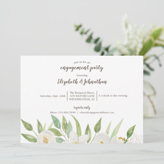 Elegante witte en groene bloemige waterverf-verlov kaart (Staand voorkant)