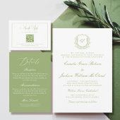 Elegante witte en groene trouw-RSVP-Qr-code Informatiekaartje