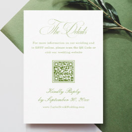 Elegante witte en groene trouwdetails QR-code Informatiekaartje