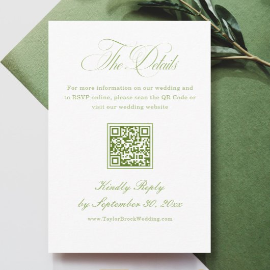 Elegante witte en groene trouwdetails QR-code Informatiekaartje