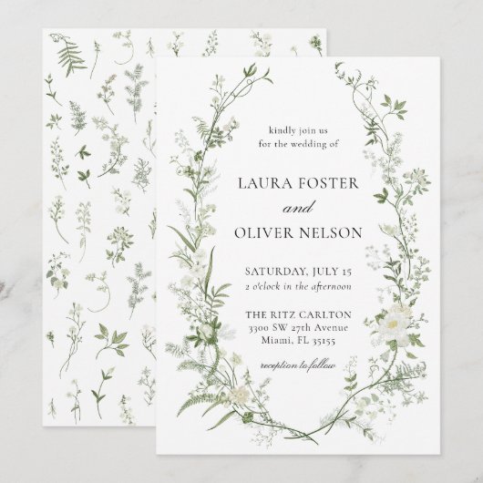 Elegante witte en groene Wildflower krans bruiloft Kaart (Voorkant / Achterkant)
