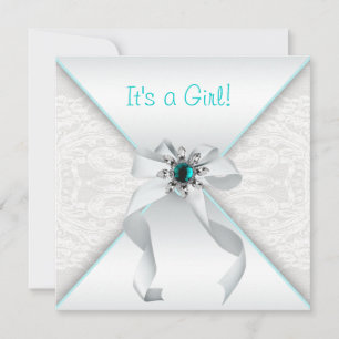 Elegante witte en lichtblauwe babyshower voor meis kaart