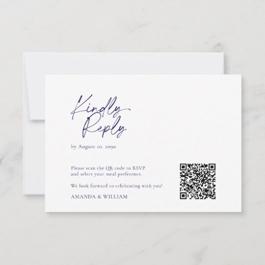 Elegante witte en marine blauwe QR-code RSVP-kaart RSVP Kaartje (Achterkant)