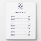 Elegante witte en marineblauwe kapper menu prijsli fotoplaat (Voorkant)