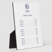Elegante witte en marineblauwe kapper menu prijsli fotoplaat (Zijkant)