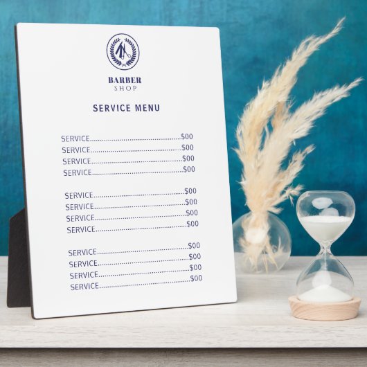 Elegante witte en marineblauwe kapper menu prijsli fotoplaat (Zijkant)