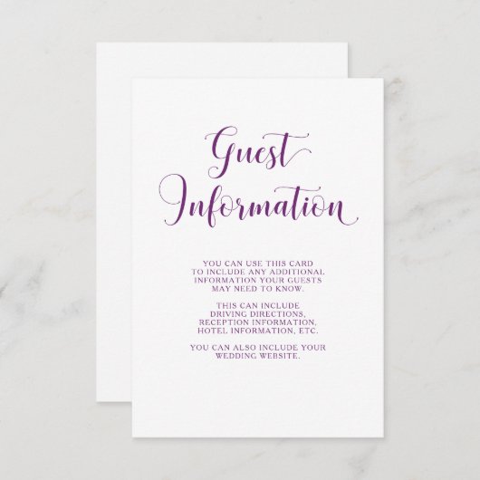 Elegante Witte en Paarse Typografie Gastgegevens Informatiekaartje (Voorkant / Achterkant)