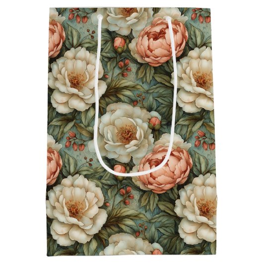   Elegante Witte en Perzik Bloemen Medium Cadeauzakje (Achterkant)