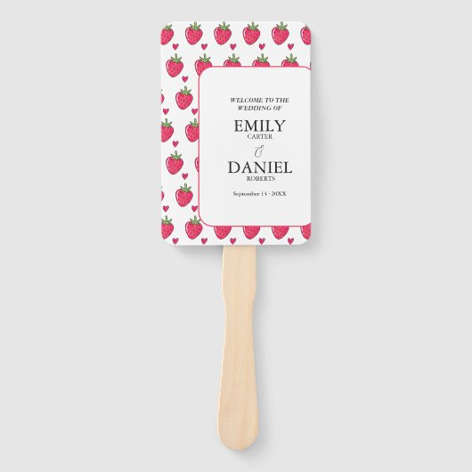 Elegante witte en roze aardbeihuwelijk handwaaier (Voorkant)