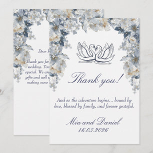Elegante witte en stoffig blauwe zwaan bruiloft bedankkaart