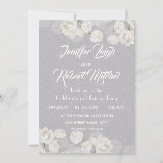 Elegante witte en zilveren bloemenbruiloft kaart (Voorkant)