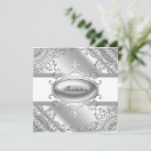 Elegante witte en zilveren uitnodiging voor feeste (Staand voorkant)