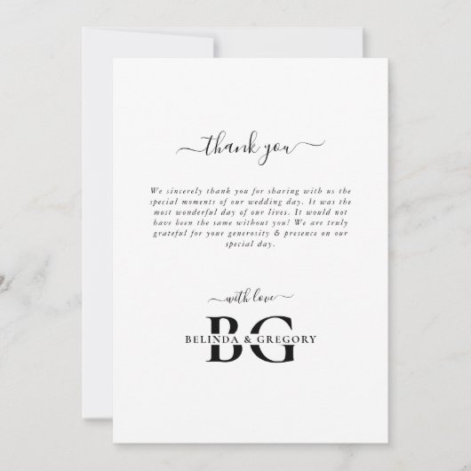 Elegante witte en zwarte monogram Initialen bruilo Bedankkaart (Voorkant)