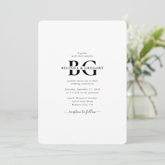 Elegante witte en zwarte monogram Initialen bruilo Kaart (Staand voorkant)