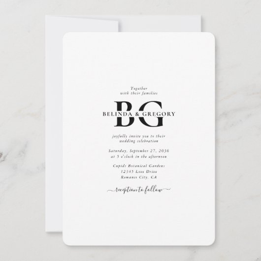 Elegante witte en zwarte monogram Initialen bruilo Kaart (Voorkant)
