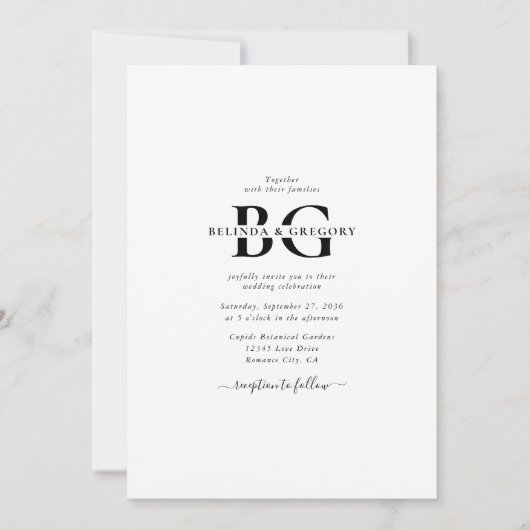 Elegante witte en zwarte monogram Initialen bruilo Kaart (Voorkant)