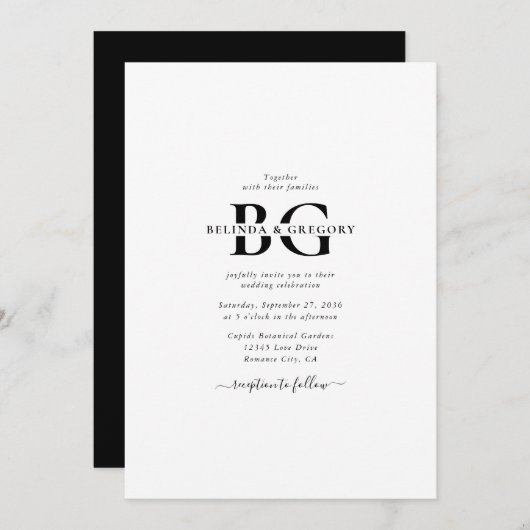 Elegante witte en zwarte monogram Initialen bruilo Kaart (Voorkant / Achterkant)