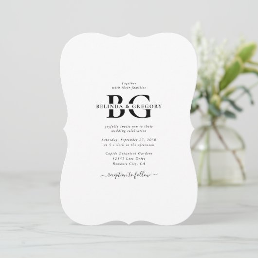 Elegante witte en zwarte monogram Initialen bruilo Kaart (Staand voorkant)