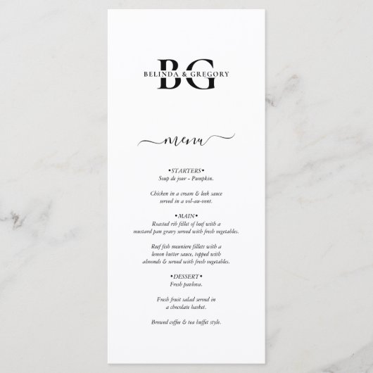 Elegante witte en zwarte monogram Initialen bruilo Menu (Voorkant)