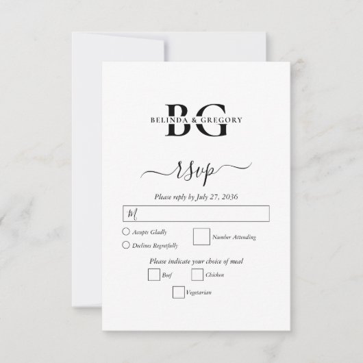 Elegante witte en zwarte monogram Initialen bruilo RSVP Kaartje (Voorkant)
