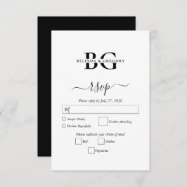 Elegante witte en zwarte monogram Initialen bruilo RSVP Kaartje