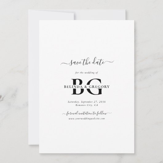 Elegante witte en zwarte monogram Initialen bruilo Save The Date (Voorkant)