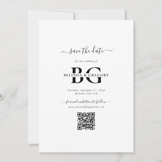 Elegante witte en zwarte monogram Initialen bruilo Save The Date (Voorkant)
