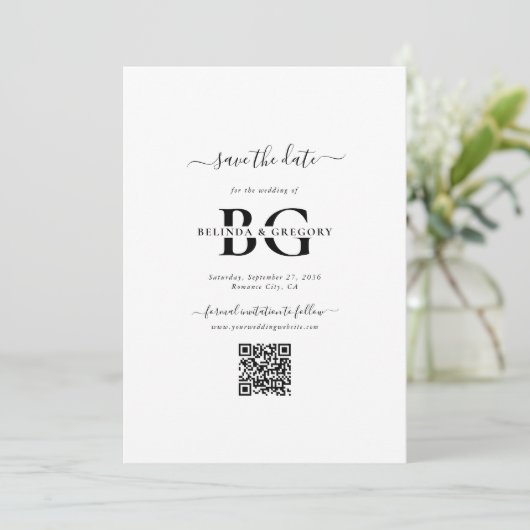 Elegante witte en zwarte monogram Initialen bruilo Save The Date (Staand voorkant)