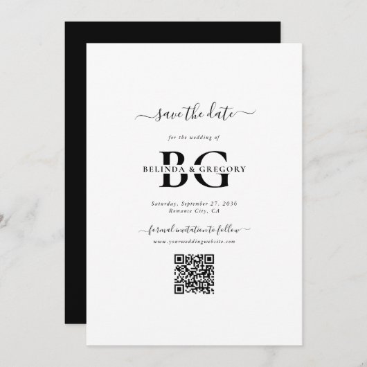 Elegante witte en zwarte monogram Initialen bruilo Save The Date (Voorkant / Achterkant)